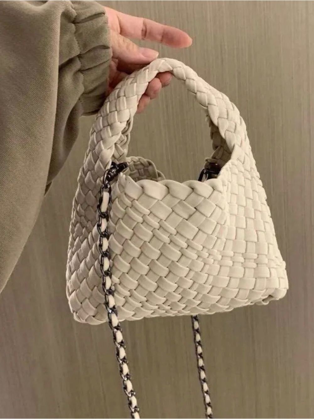 Woven Cream Shoulder Bag with Braided Top Handle and Chain Strap